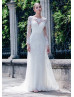 Long Sleeve Boat Neck Beaded White Lace Tulle Wedding Dress